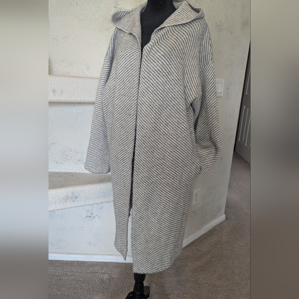 Striped Gray and Cream Hooded Women's Coat with Pockets